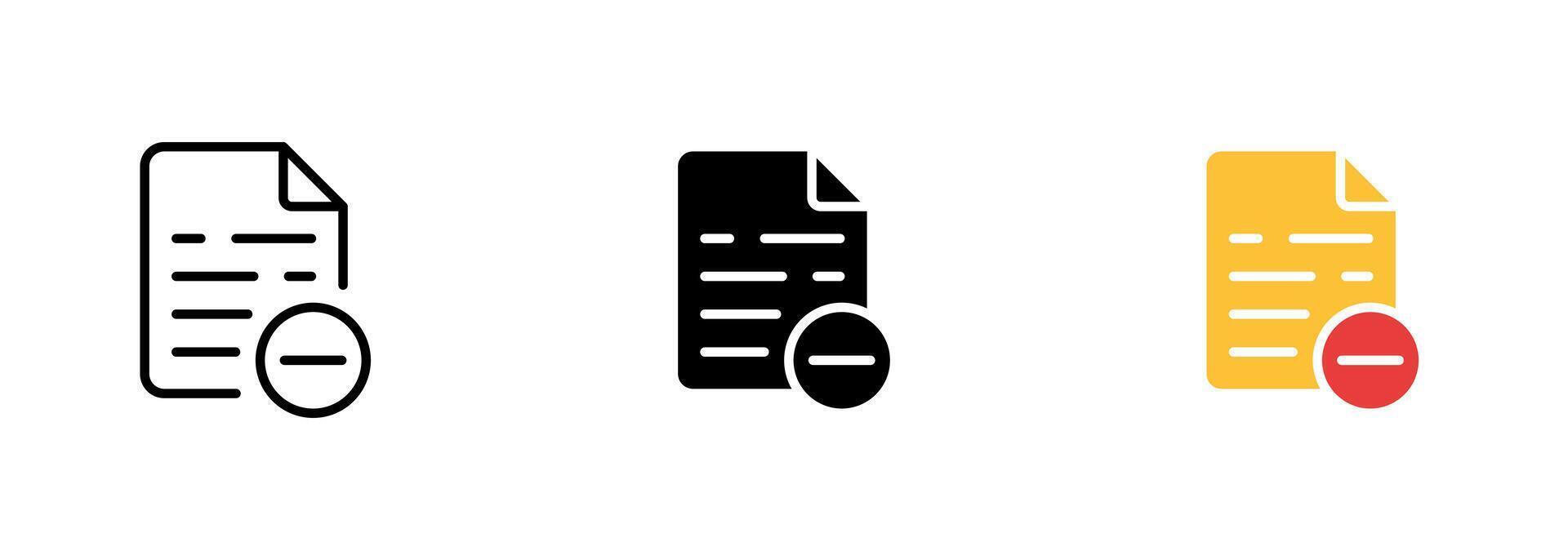 An icon representing a file with a minus sign, indicating the removal or deletion of a file. set of icons in line, black and colorful styles isolated. vector