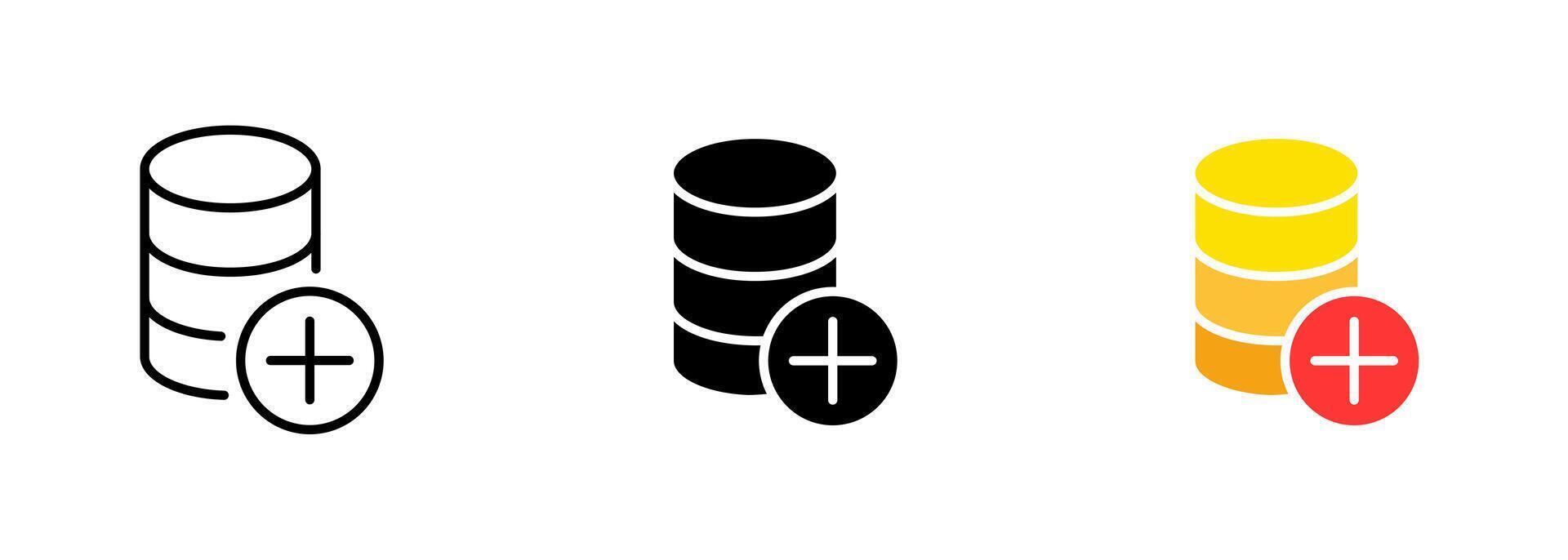 A stack of coins with a plus sign icon, representing an increase in value or addition of funds. set of icons in line, black and colorful styles isolated. vector