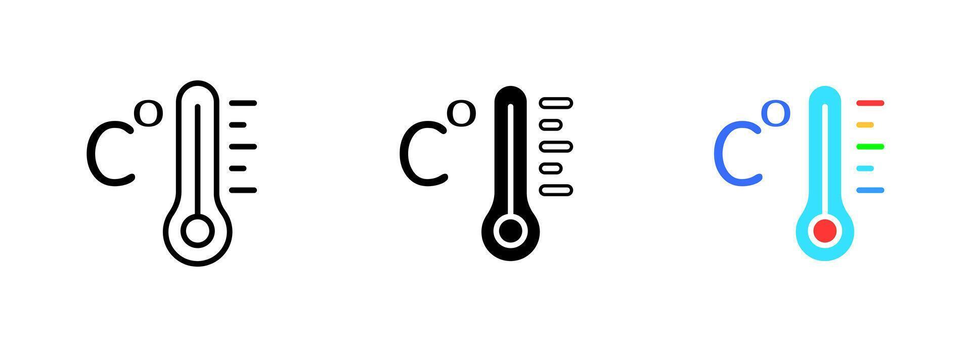A thermometer with the Celsius degree symbol displaying the current temperature. set of icons in line, black and colorful styles isolated. vector