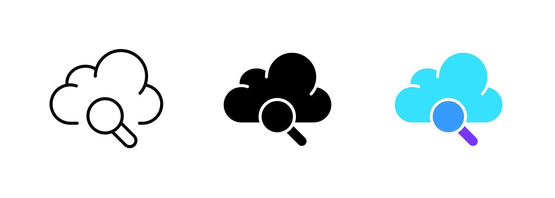 An icon of a cloud with a magnifying glass, representing the ability to search and explore cloud-based data and information. set of icons in line, black and colorful styles isolated. vector