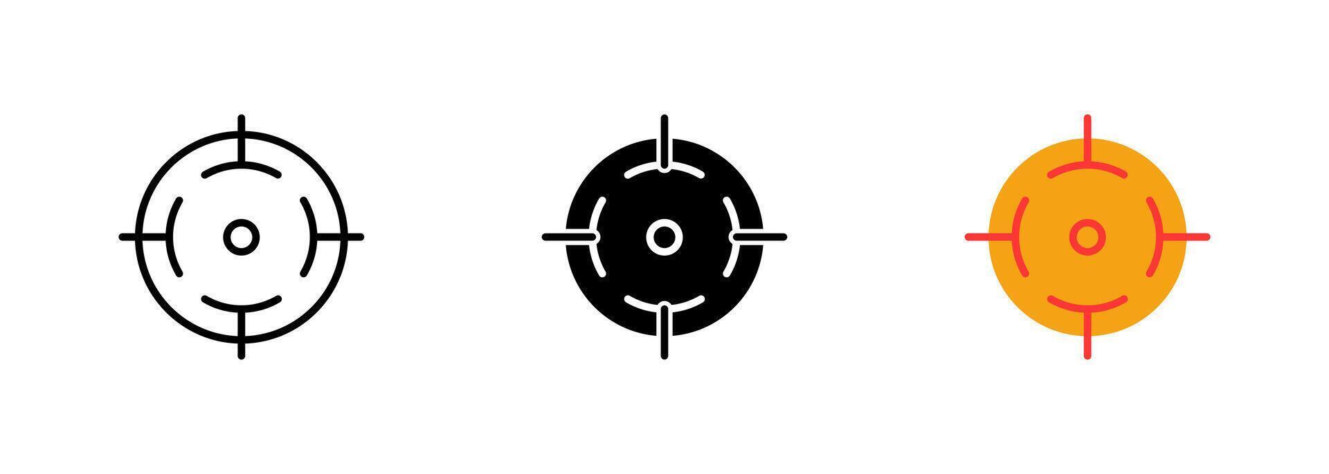 An icon of a crosshair or targeting reticle used to aim at a target in shooting or hunting games. set of icons in line, black and colorful styles isolated. vector