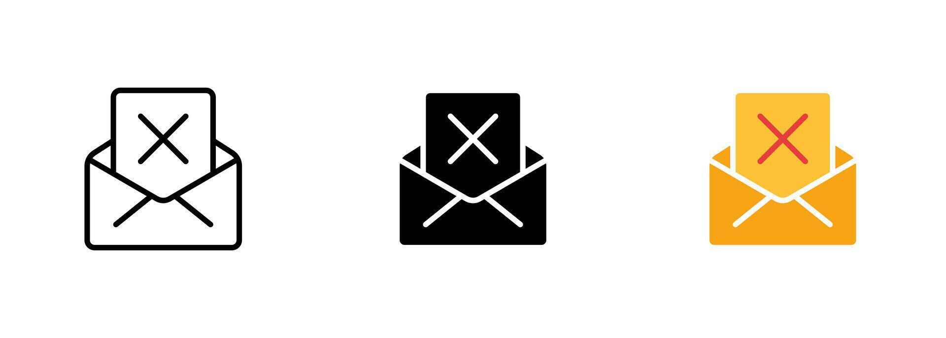 An envelope icon with a red cross symbol, indicating that the message could not be delivered or there was an error. set of icons in line, black and colorful styles isolated. vector