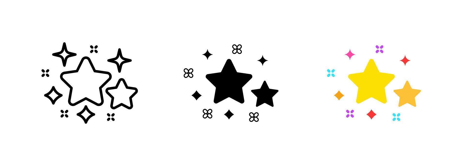 Two shining yellow stars on a dark background, representing ratings, reviews, or performance evaluation. set of icons in line, black and colorful styles isolated. vector