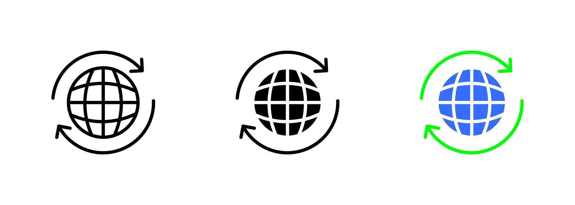 A planet with a recycling symbol, representing the importance of sustainability and responsible waste management for the health. set of icons in line, black and colorful styles isolated. vector
