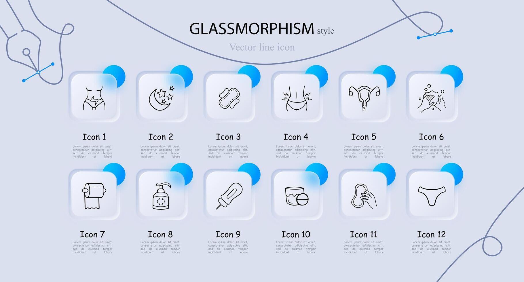 Set of icons representing menstruation and feminine hygiene. Empowering, menstrual cycle, women's health. Glassmorphism style. line icon vector