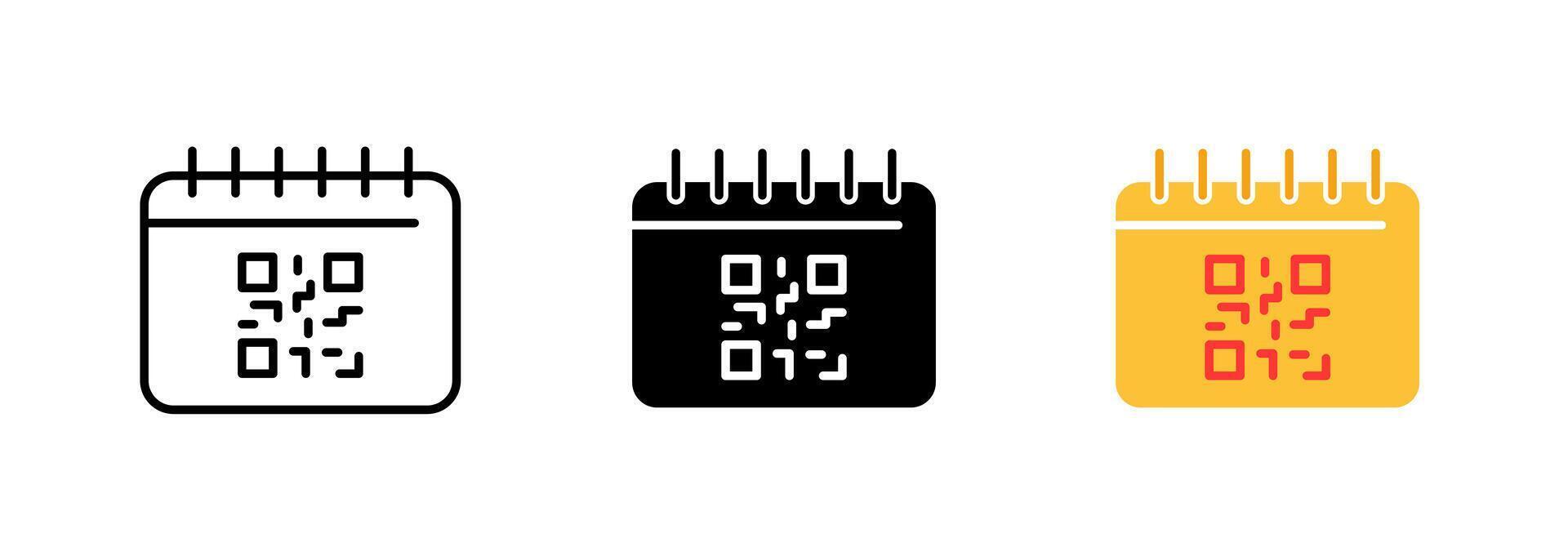 A calendar with a QR code icon that can be scanned to access additional information or an event's details. set of icons in line, black and colorful styles isolated. vector