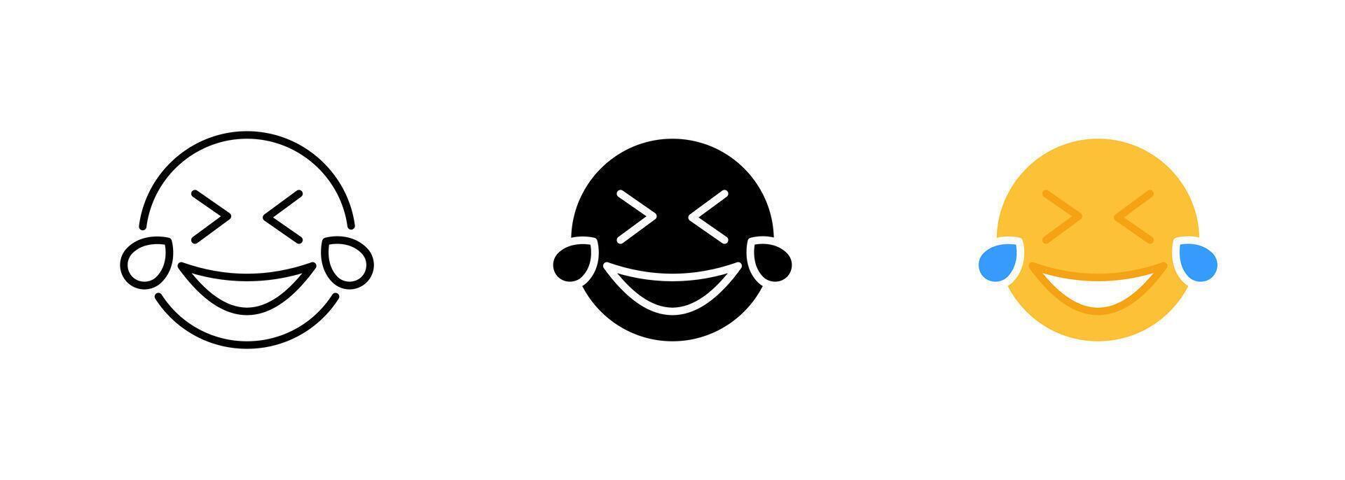 The laughing face emoji, which is yellow in color, shows a face with closed eyes and a wide open mouth with teeth showing. set of icons in line, black and colorful styles isolated. vector
