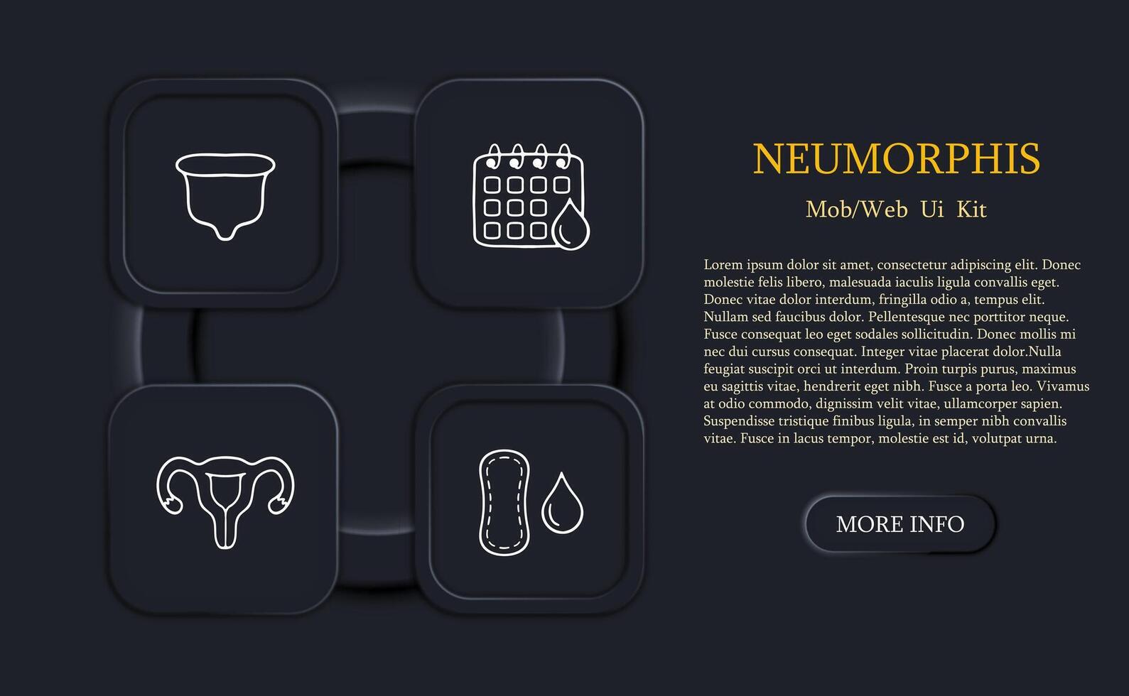 Set of icons representing menstruation and feminine hygiene. Empowering, menstrual cycle, women's health. Neomorphism style. line icon vector