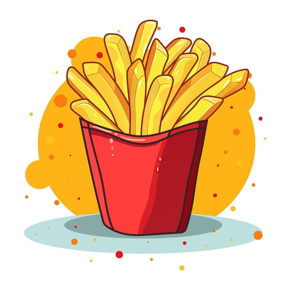 French fries in a red cardboard box on bright background. Deep fried crispy fried potatoes, large portion, fast food, street, takeaway, delicious, tasty, fatty, condensation drops on the package vector