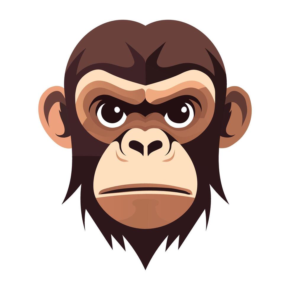 Monkey head. Cartoon evil wrinkled face, menacing emotion, dark eyes, black and brown fur, nose with big nostrils, eyes glare, big round ears, grumpy, pet, animal vector