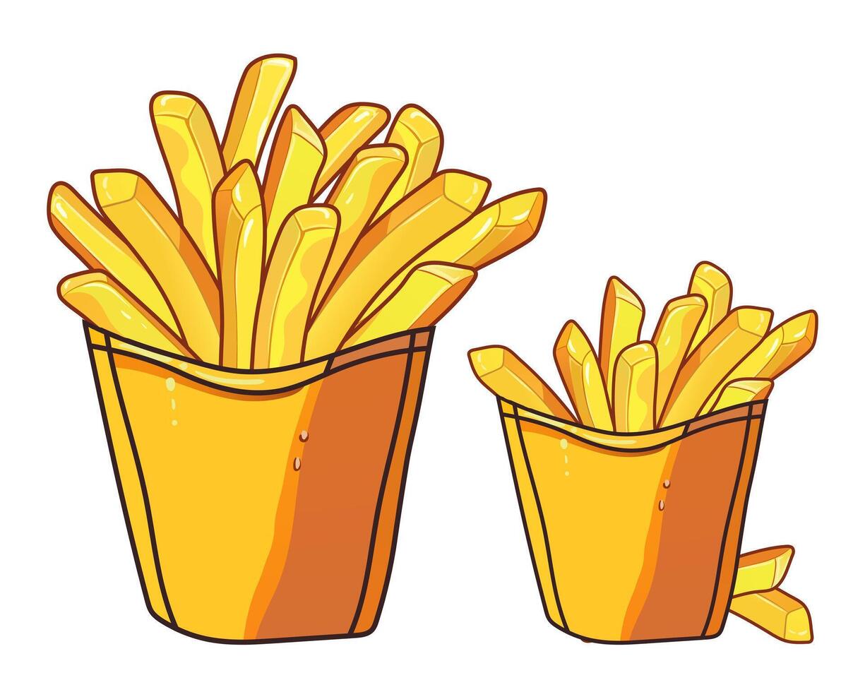 French fries in two yellow cardboard boxes. Deep fried crispy fried potatoes, fast food, street, takeaway, delicious, tasty, fatty, condensation drops on the package. Large and small portion vector