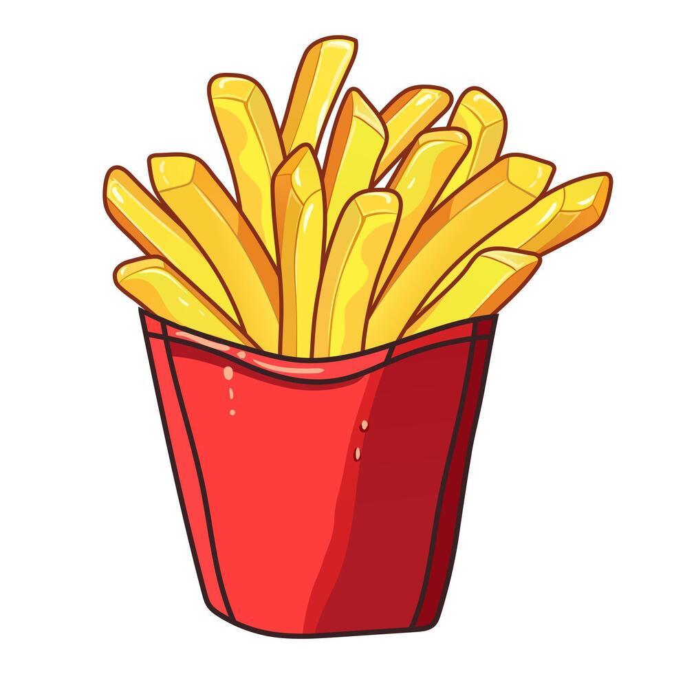 French fries in a red cardboard box. Deep fried crispy fried potatoes, large portion, fast food, street, takeaway, delicious, tasty, fatty, condensation drops on the package vector