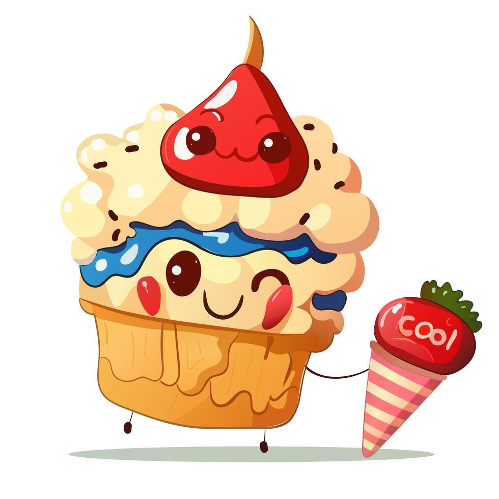 Cupcake with cream. Cute cartoon smiling muffin with strawberry on top and ice cream in cone with cool lettering. Cake, dessert, stuffing, sweet, delicious, children's drawing, attractive vector