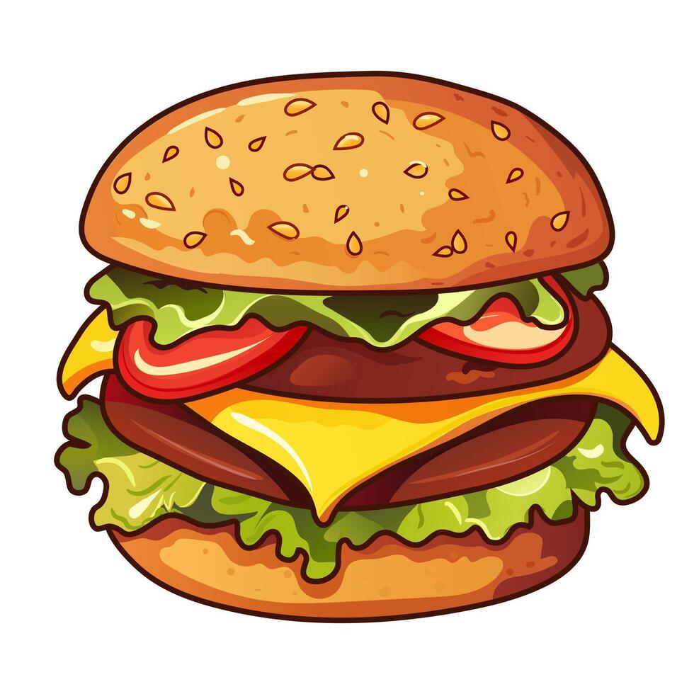Cheeseburger. Delicious juicy burger with double patty, cutlet, cheddar cheese, lettuce and tomato. Sesame on soft ruddy bun. Fast food, street, takeaway, harmful, beef, chicken, fresh vegetables vector