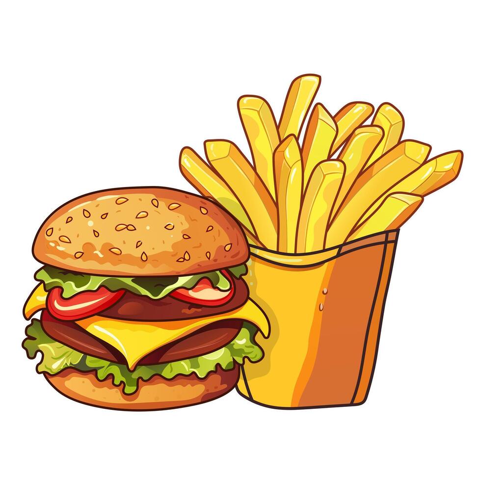 Burger with double cutlet and french fries in a yellow cardboard box. Cheeseburger, beef cutlet, lettuce, tomatoes, sauce. Fast food, street, takeaway, tasty dish, juicy layers, fried crispy potato vector