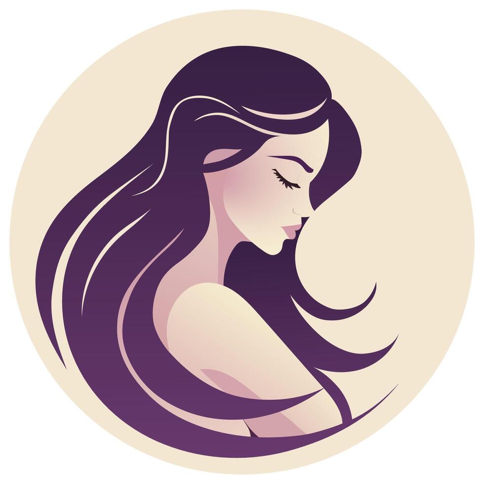 Portrait of a beautiful girl in profile. Light skin, closed eyes, dark purple hair, thick black eyelashes, neat nose, pale pink lips, high forehead, bare shoulder, sharp cheekbones vector