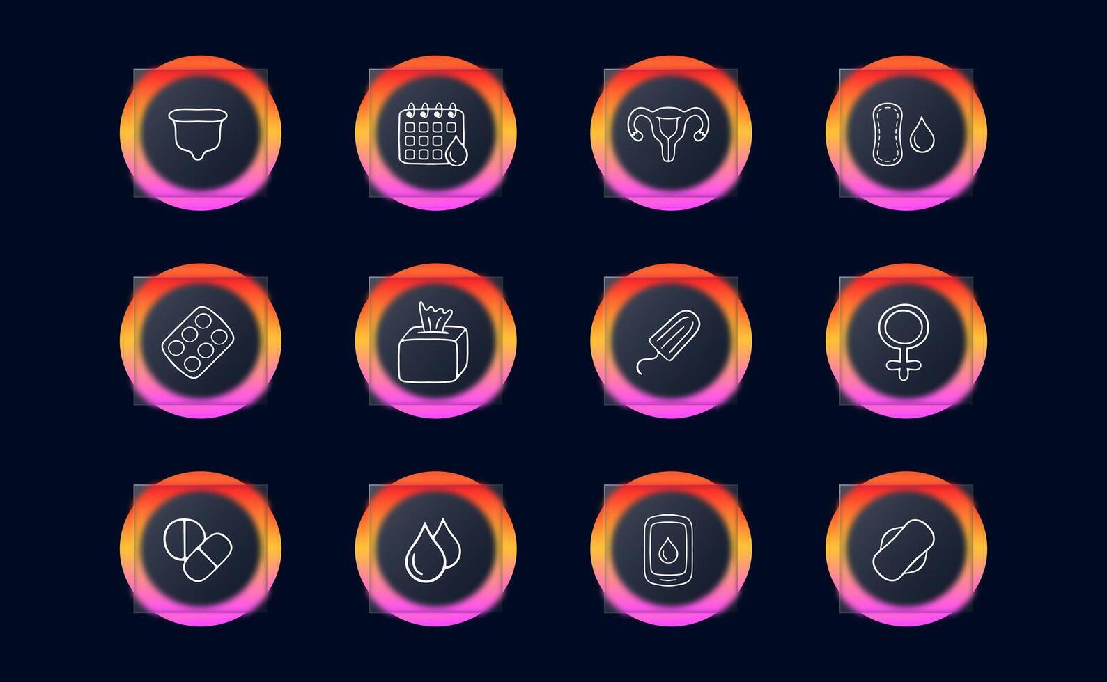 Set of icons representing menstruation and feminine hygiene. Empowering, menstrual cycle, women's health. Neomorphism style. line icon vector