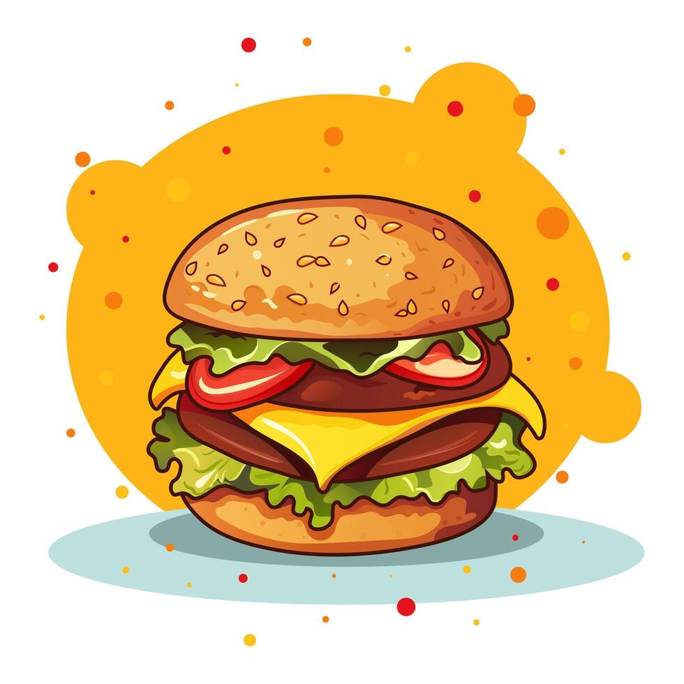 Cheeseburger on bright background. Delicious juicy burger with double patty, cutlet, cheddar cheese, lettuce and tomato. Sesame on soft ruddy bun. Fast food, street, takeaway, harmful, high calorie vector