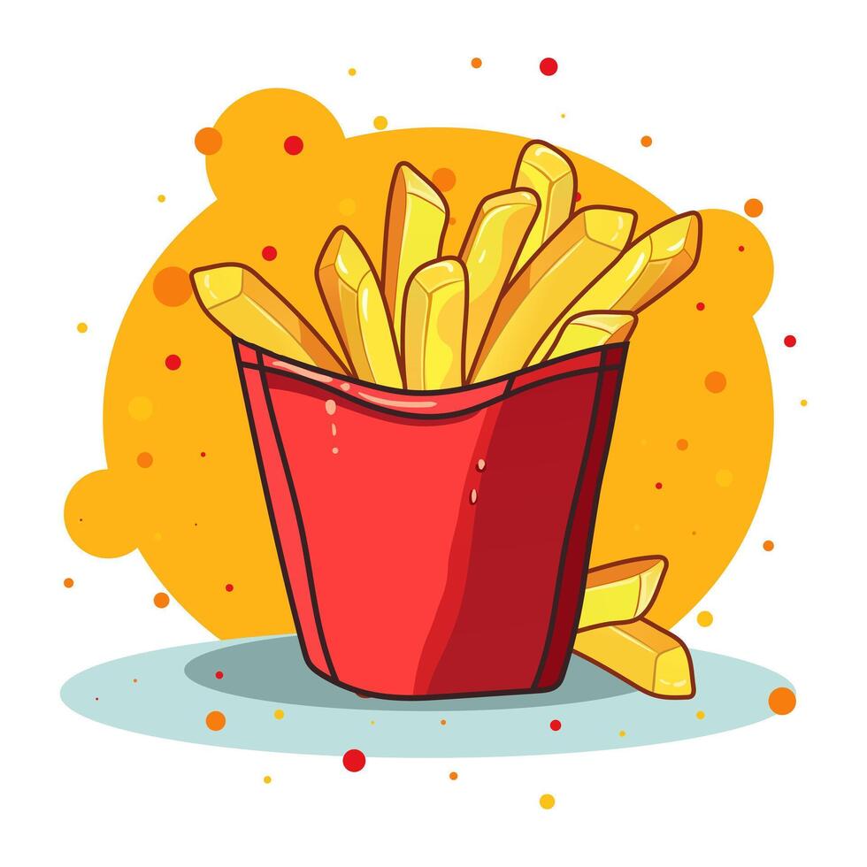 French fries in a red cardboard box on bright background. Deep fried crispy fried potatoes, small portion, fast food, street, takeaway, delicious, tasty, fatty, condensation drops on the package vector
