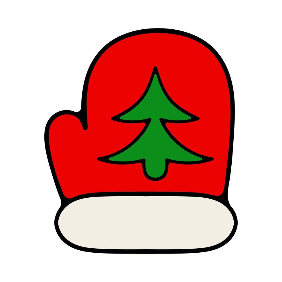 Red mitten with Christmas tree and white fur. Decoration, decorate, new year, eve, december 25, winter, holiday atmosphere, celebrate, family celebration, traditions. Colorful icon vector