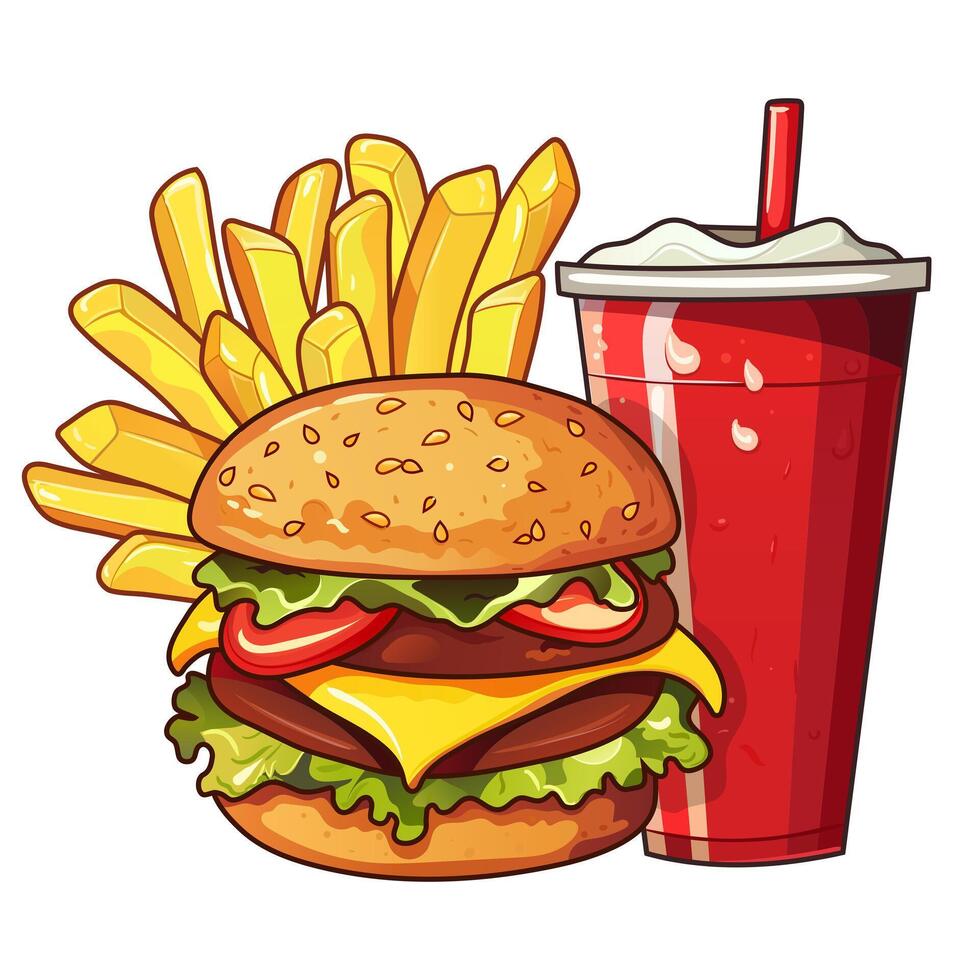 Cheeseburger, cola and french fries. Burger, double cutlet, cheddar, cold drink with ice in a red cup with lid and straw, fried crisps, drops of condensate on the cup. Fast food, street, takeaway vector