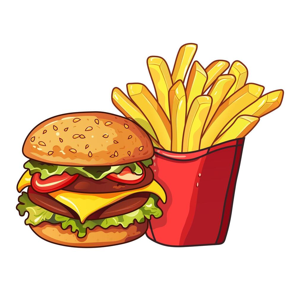 Burger with double cutlet and french fries in a red cardboard box. Cheeseburger, beef cutlet, lettuce, tomatoes, sauce. Fast food, street, takeaway, tasty dish, juicy layers, fried crispy potato vector