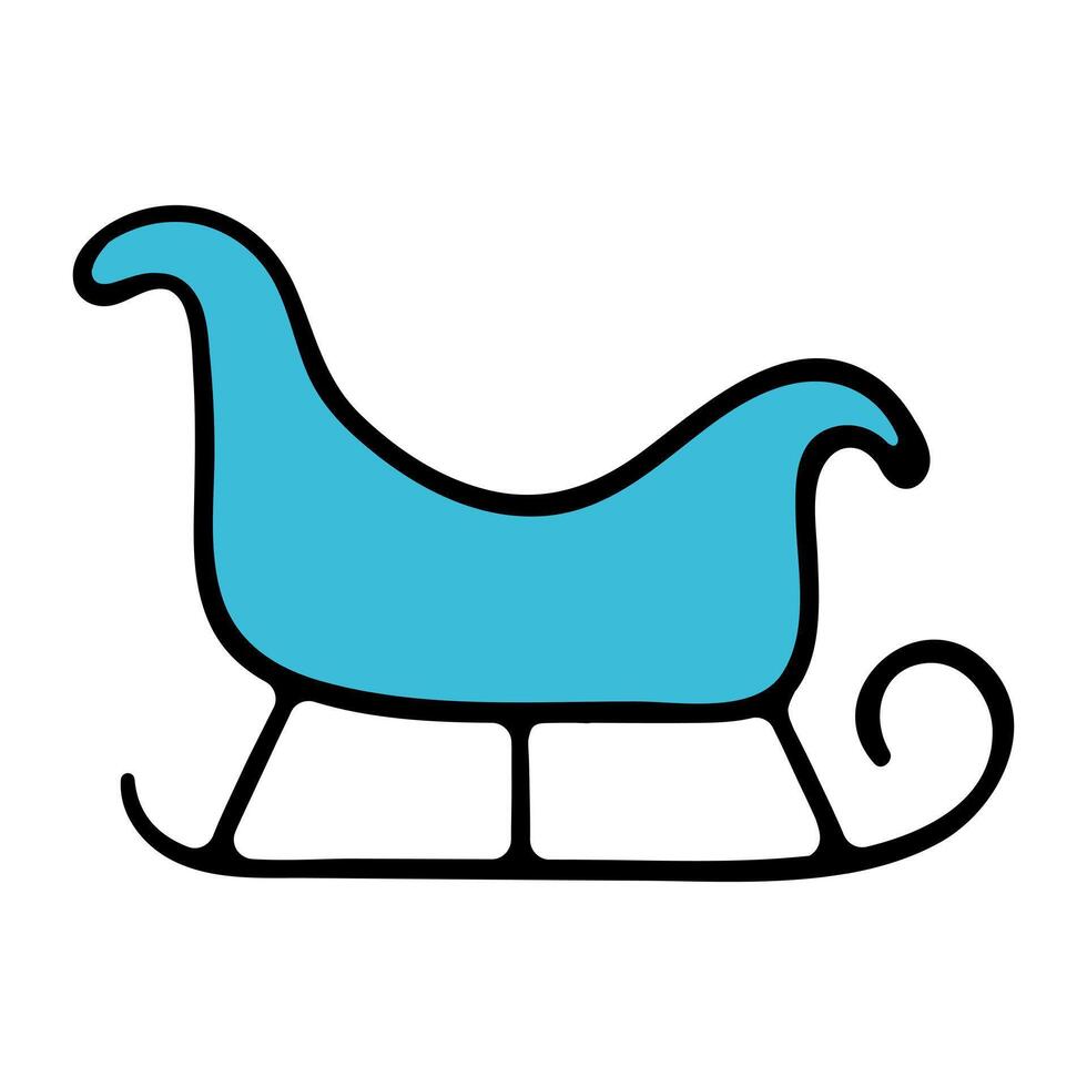 Sled. Childrens, blue, Santa Claus, snowdrift, fun. Decoration, decorate, christmas, new year, eve, december 25, winter, holiday atmosphere, celebrate, family celebration, traditions. Colorful icon vector