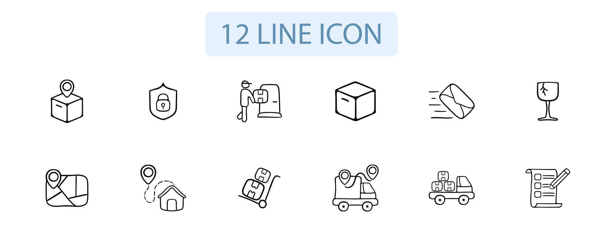 Set of icons representing fast delivery. Speed, quick, express, delivery truck, courier, package, shipping. Pastel color background. 12 line icon vector