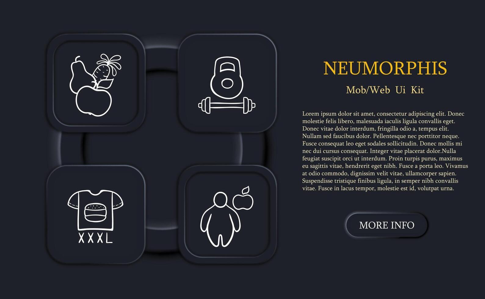 Exercise for weight loss line icon. Dumbbell, kettlebell, xxxl t-shirt, fruits, proper nutrition, diet, overweight problem. Neomorphism style. line icon vector