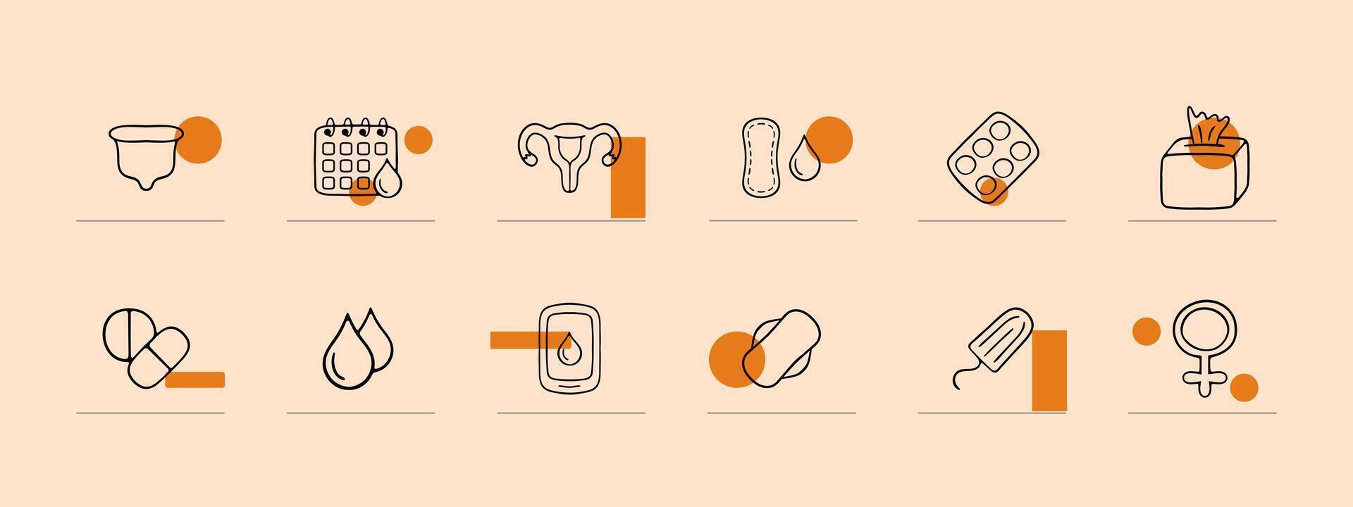 A set of icons representing the menstrual cycle, featuring various symbols and illustrations related to menstruation. Pastel color background. line icon vector