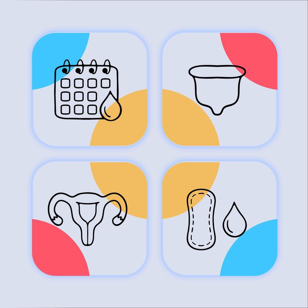 Collection of icons representing critical days. Menstruation, menstrual cycle, period. Neomorphism style. line icon vector