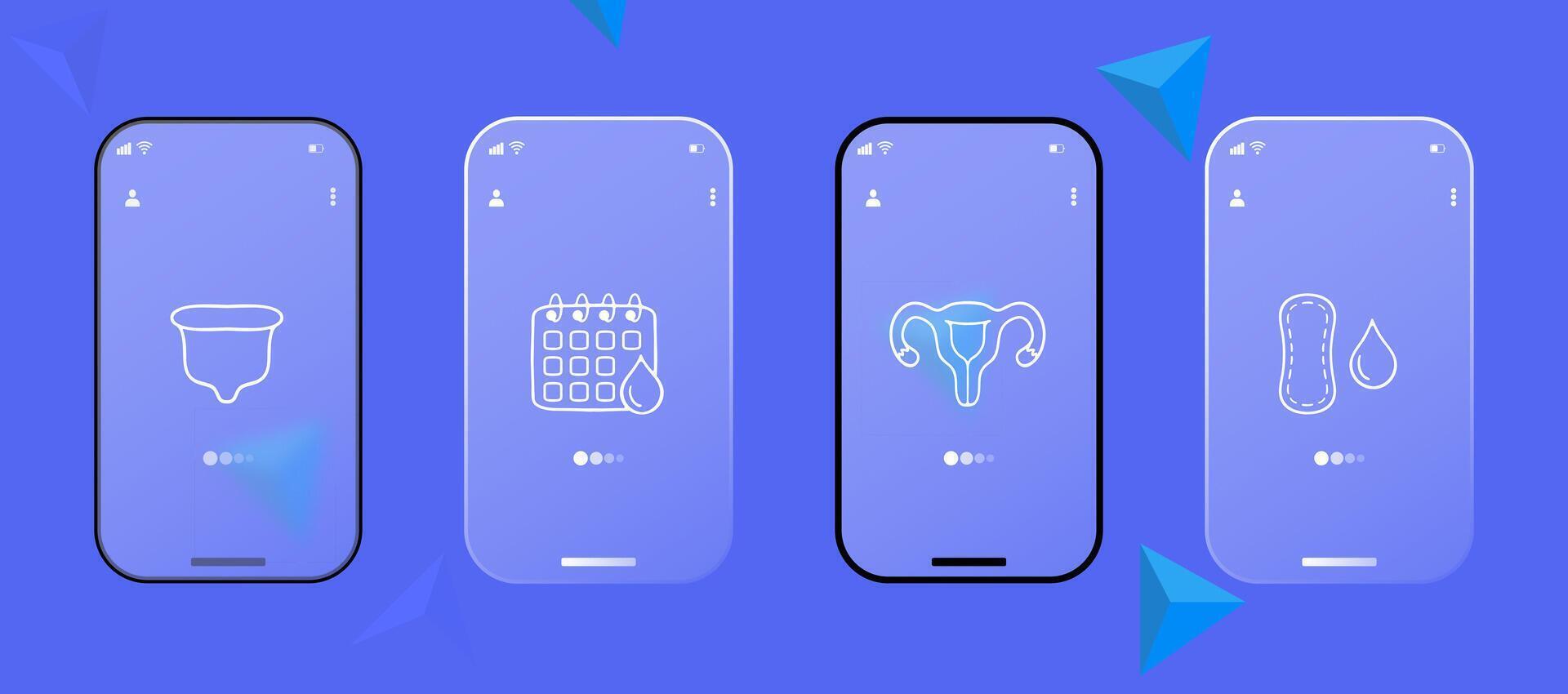 Collection of icons representing critical days. Calendar, female symbol, menstrual cup, pad, tampon. Glassmorphism style. Ui phone app vector