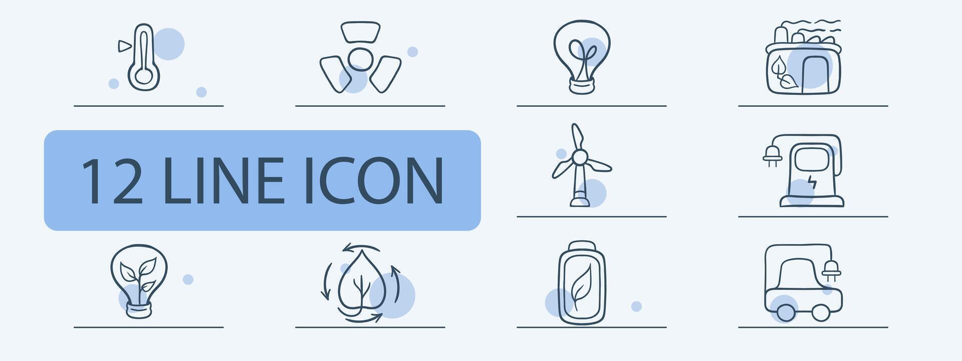 Collection of icons representing ecological energy. Renewable energy, sustainability, green power. Pastel color background. line icon vector