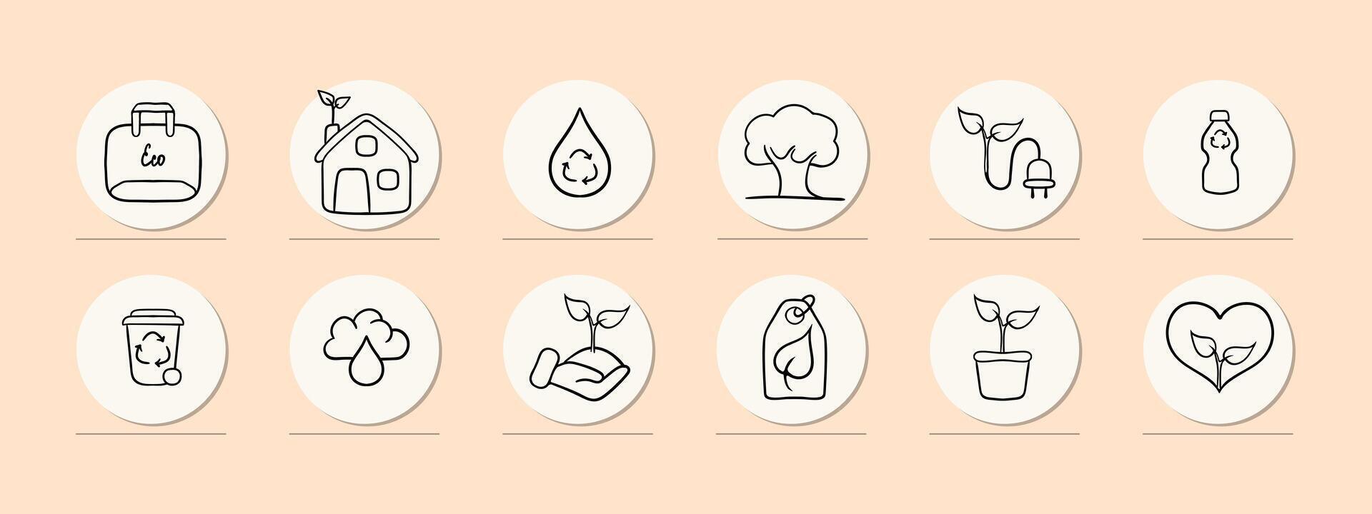 A collection of icons representing various forms of ecological energy, including solar power. Pastel color background. line icon vector