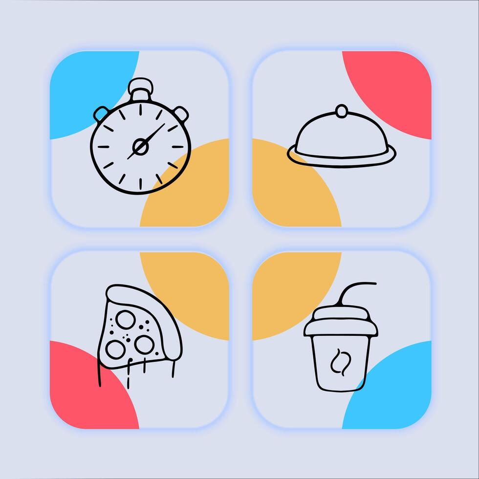 Collection of icons representing food delivery. Delivery bag, restaurant, food truck, scooter. Neomorphism style. line icon vector
