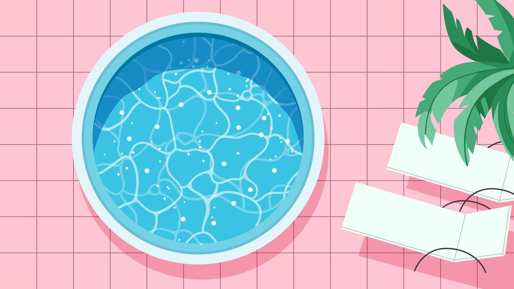 Top View Swimming round pool, chaise loungers on pink tiles vector