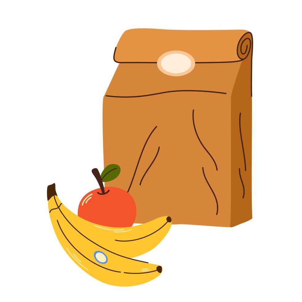 School lunch, paper bag. Healthy food concept. Hand drawn illustration. Isolated elements, design templates. Healthy food concept vector