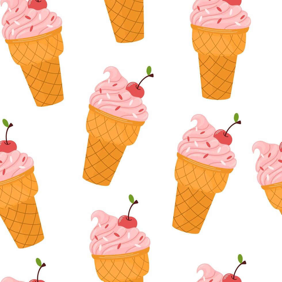 Tasty ice cream. Backdrop with delicious frozen creamy refreshing summer desserts. Hand drawn seamless pattern for fabric, textiles, wrapping paper, cover, banner vector