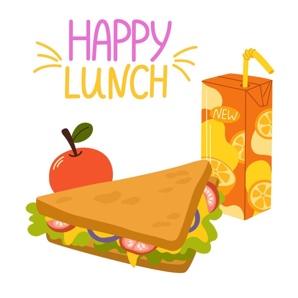 School lunch. Various food, sandwich, juice and apple. Hand drawn illustration. Isolated elements, design templates. Healthy food concept vector