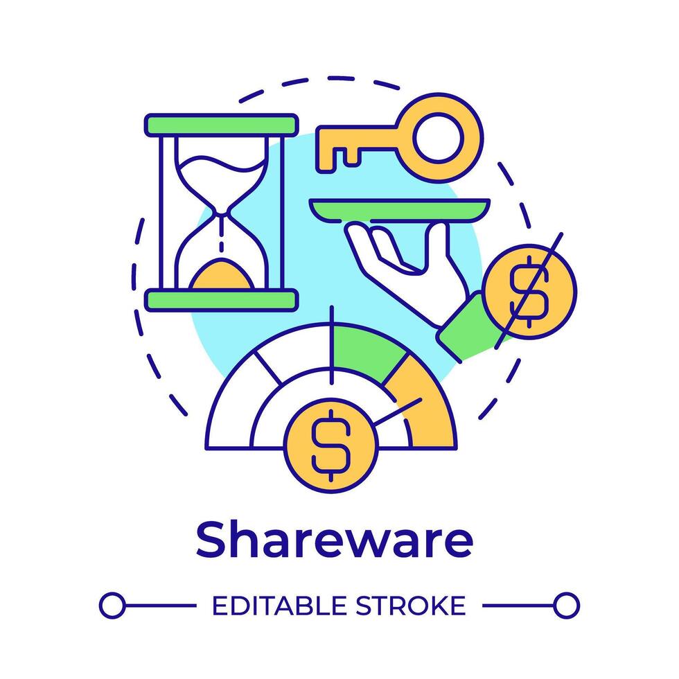 Shareware multi color concept icon. Free service. Access control, software licensing. Round shape line illustration. Abstract idea. Graphic design. Easy to use in infographic, presentation vector