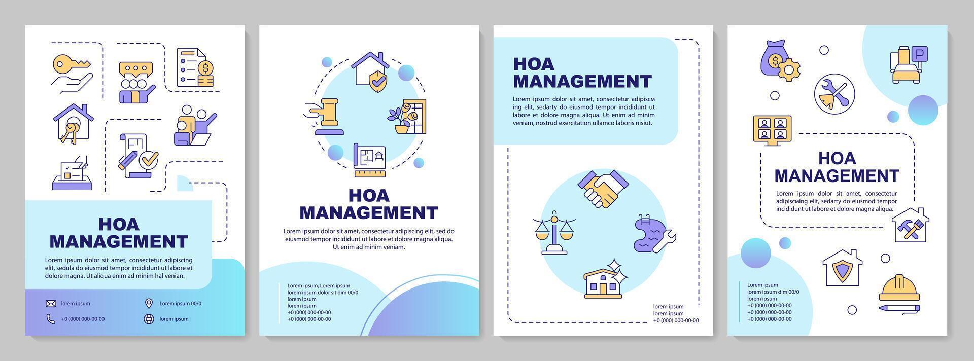 HOA management benefits blue gradient brochure template. Leaflet design with linear icons. Editable 4 layouts for presentation, annual reports vector