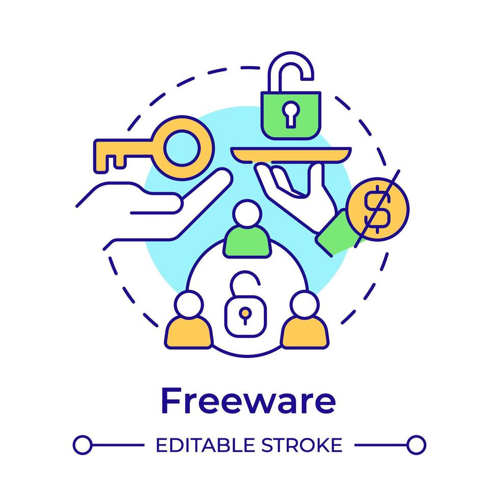 Freeware multi color concept icon. Customer service, usage tracking. Software licensing. Round shape line illustration. Abstract idea. Graphic design. Easy to use in infographic, presentation vector