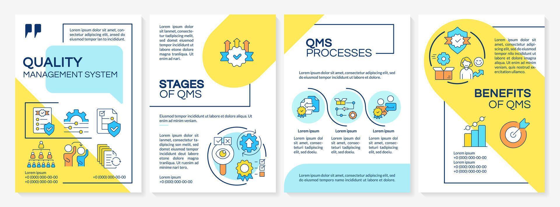 QMS benefits blue and yellow brochure template. Capa management. Leaflet design with linear icons. Editable 4 layouts for presentation, annual reports vector