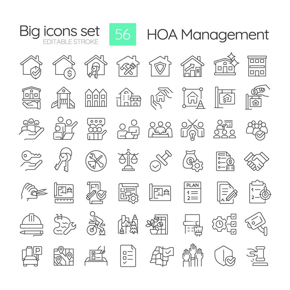 HOA management linear icons set. Association community, violation tracking. Administrative support. Customizable thin line symbols. Isolated outline illustrations. Editable stroke vector