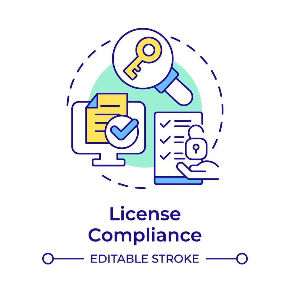 License compliance multi color concept icon. Regulatory documentation, task list. Round shape line illustration. Abstract idea. Graphic design. Easy to use in infographic, presentation vector