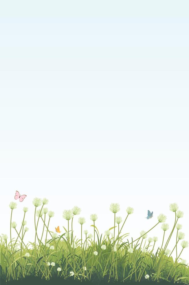 Grass flowers side view minimalist landscape with colorful butterflies graphic illustrated on light blue sky vertical background have blank space. vector