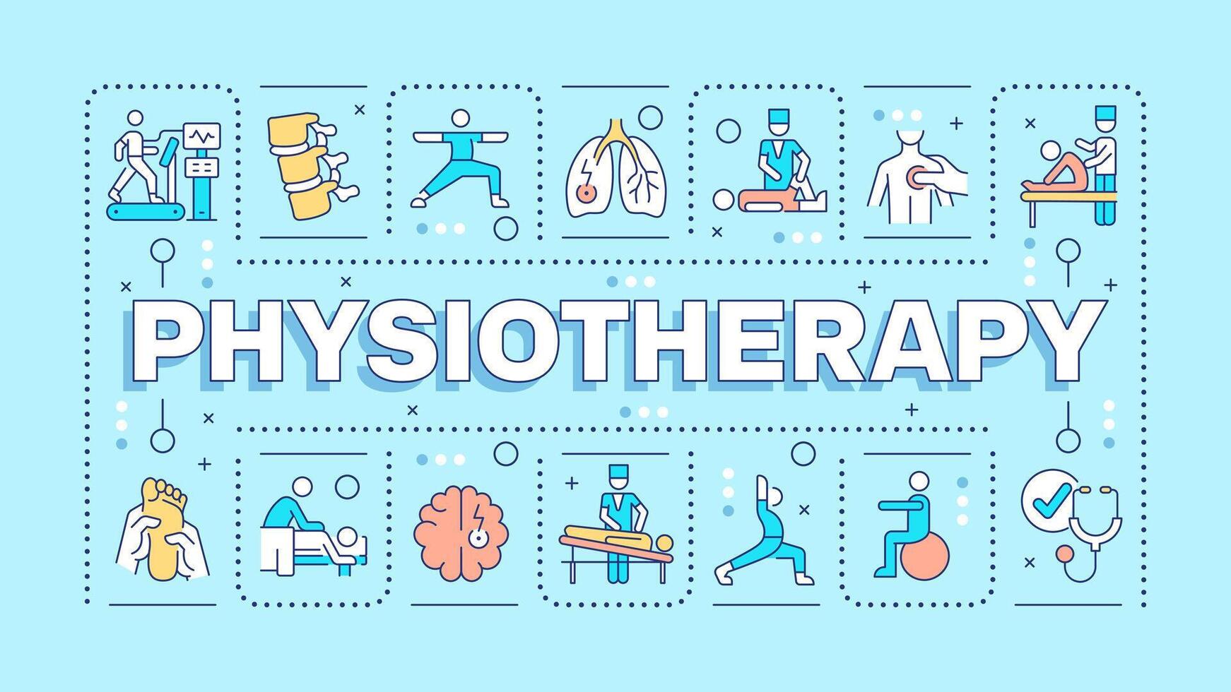 Physiotherapy blue word concept. Physical rehabilitation. Medical care. Occupational therapy. Typography banner. Illustrationwith title text, editable icons color vector