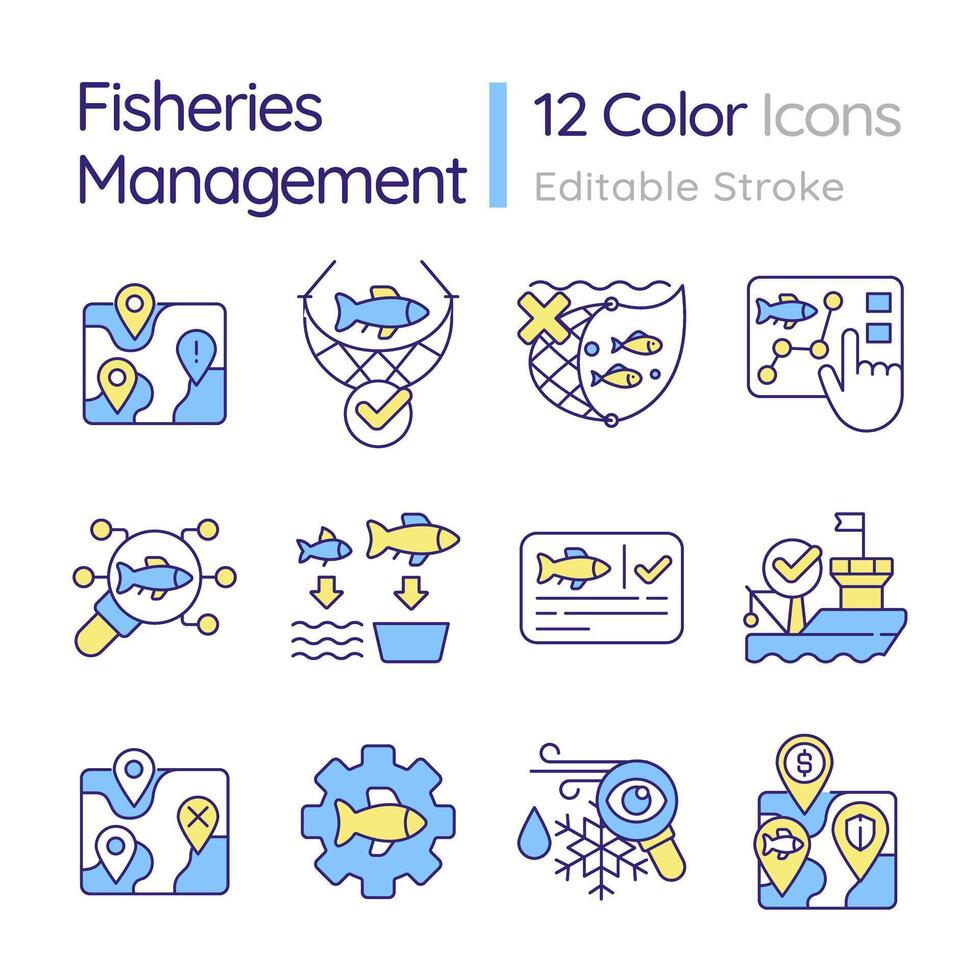Fisheries management RGB color icons set. Fishing restriction, vessel registration. Fishery policy. Isolated illustrations. Simple filled line drawings collection. Editable stroke vector