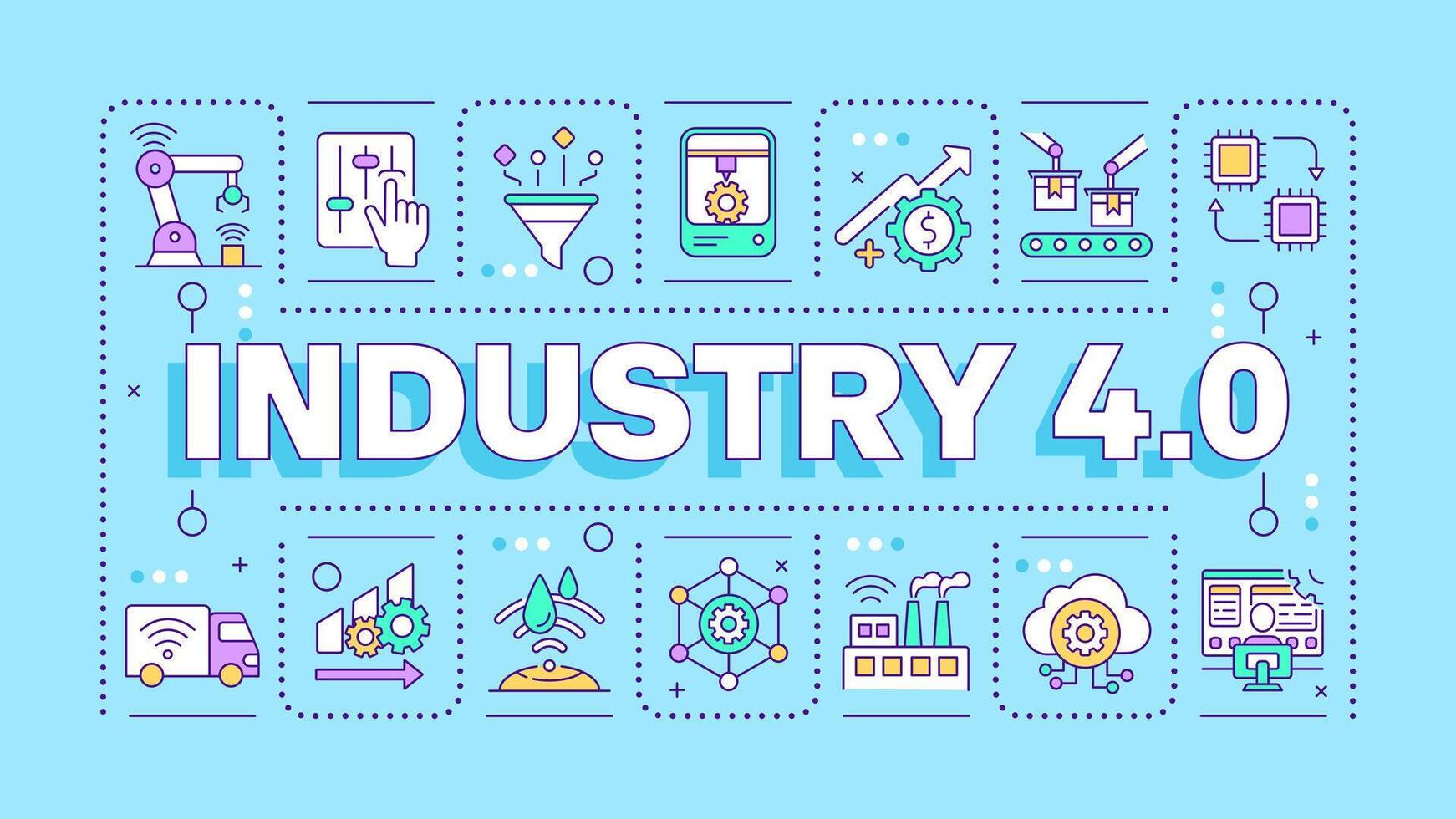 Industry 4 light blue word concept. Fourth industrial revolution. Digital transformation. Typography banner. Illustrationwith title text, editable icons color vector
