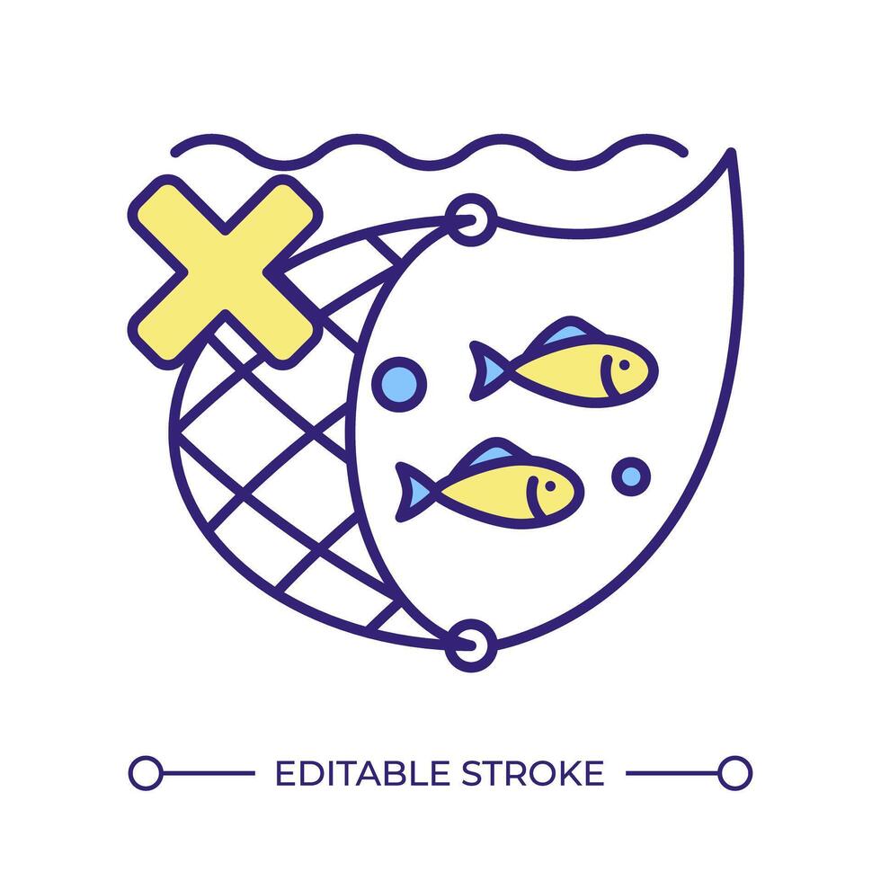 bottom trawls restriction RGB color icon. Fishing gear, fish net. seafood production, harvesting. Catching gear. Isolated illustration. Simple filled line drawing. Editable stroke vector
